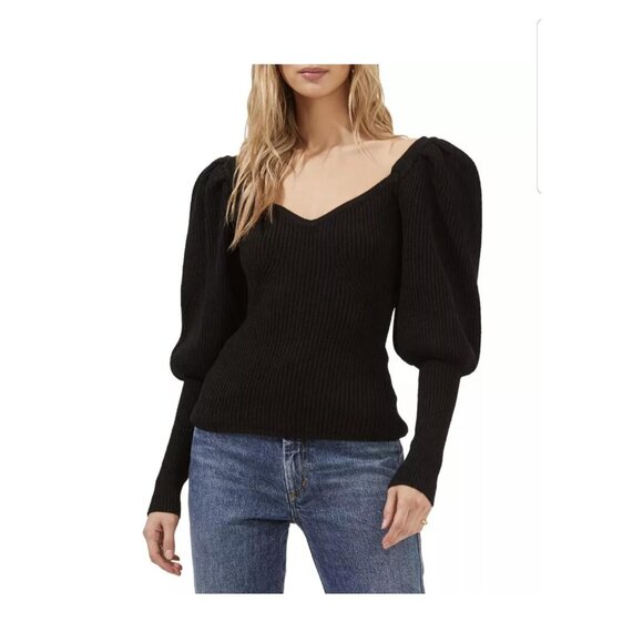 ASTR The Label Esma Puff Sleeve Sweater Black Small Ribbed - Picture 1 of 6
